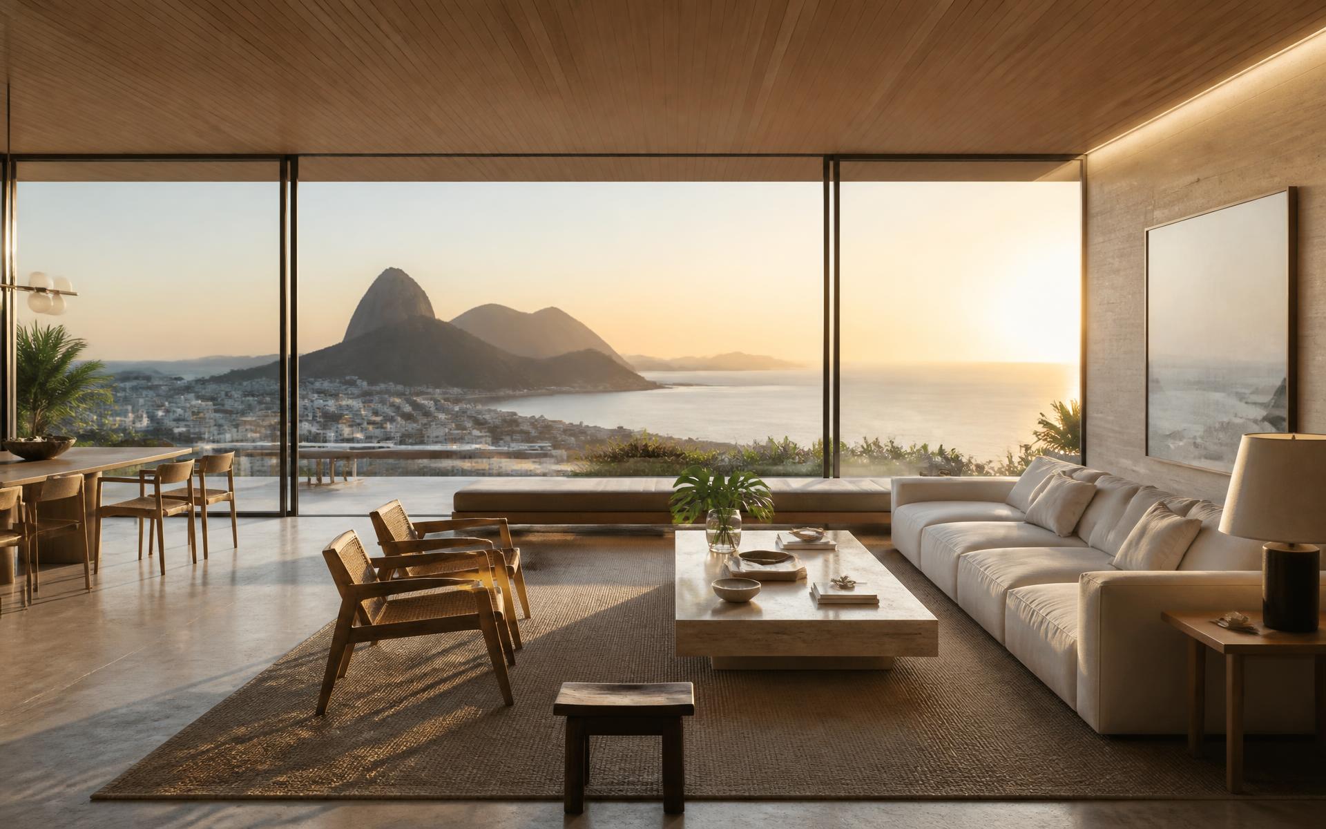 Living de apartamento de alto padrão com vista para o mar no Rio de Janeiro